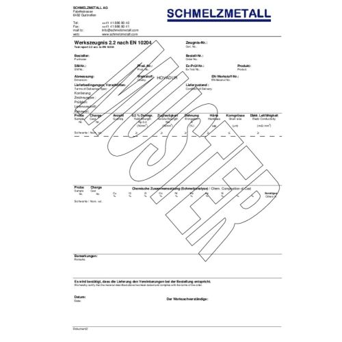 Certificado de material, certificado